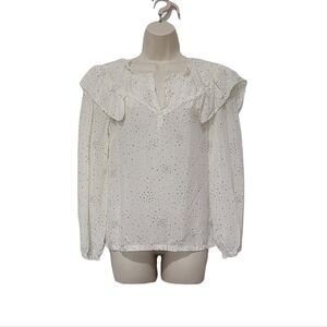 Maje Star Print Ruffle Top Ecru/black Long Sleeve‎ Women's US Small
